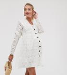 Asos Design Maternity Eyelet Button Through Tiered Smock Mini Dress In White