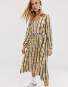 Asos White Check V-neck Midi Dress - Yellow