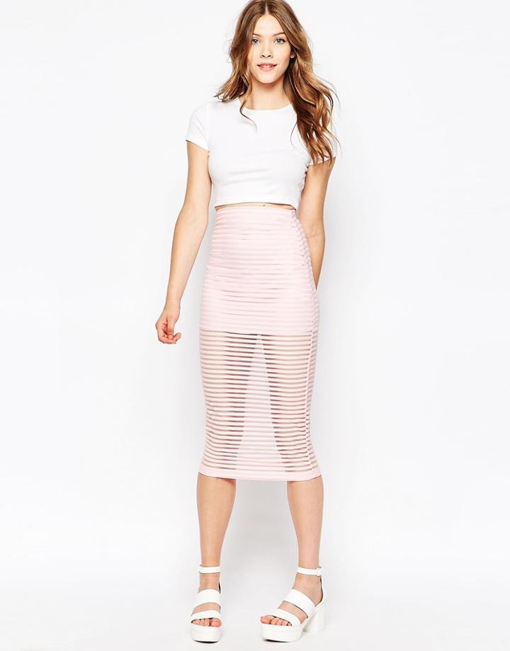 Motel Bobby Midi Skirt In Pink Stripe Net - Pink