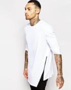 Asos Longline Long Sleeve T-shirt With Asymetric Hem And Zip - White
