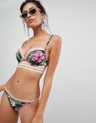 River Island Plunge Bikini Top In Floral Print-navy