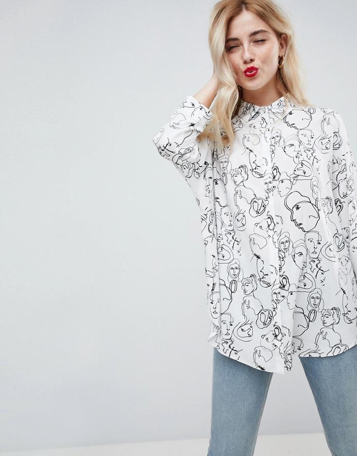 Asos Oversized Shirt In Sketchy Portrait Print - Multi