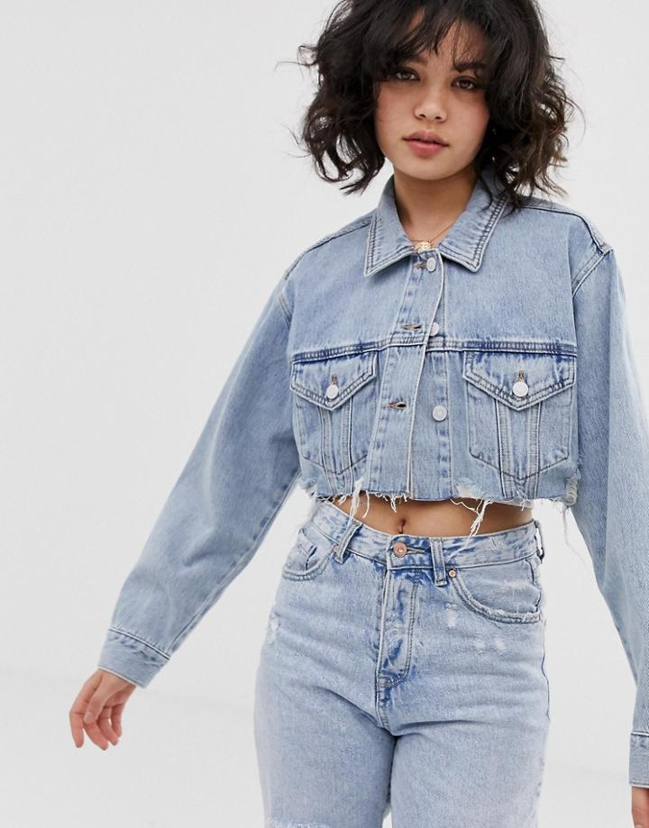 Pull & Bear Cropped Denim Jacket In Light Blue - Blue