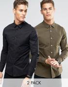 Asos Skinny Shirt 2 Pack In Black And Khaki - Multi