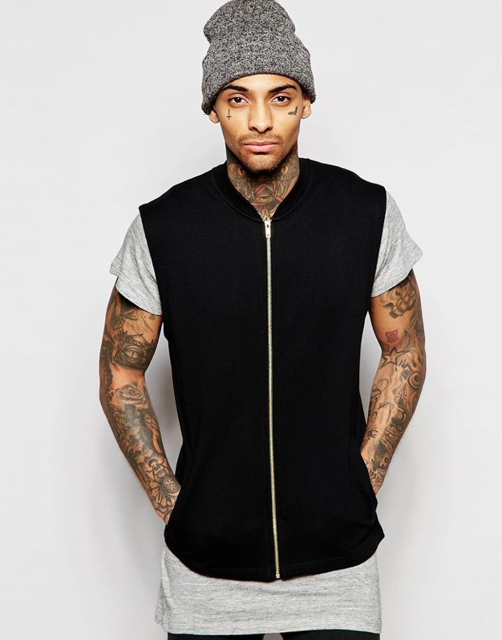 Asos Sleevelss Jersey Bomber Jacket In Black - Black