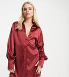 Asos Design Petite Slouchy Satin Plunge Shirt Mini Dress In Burgundy-red