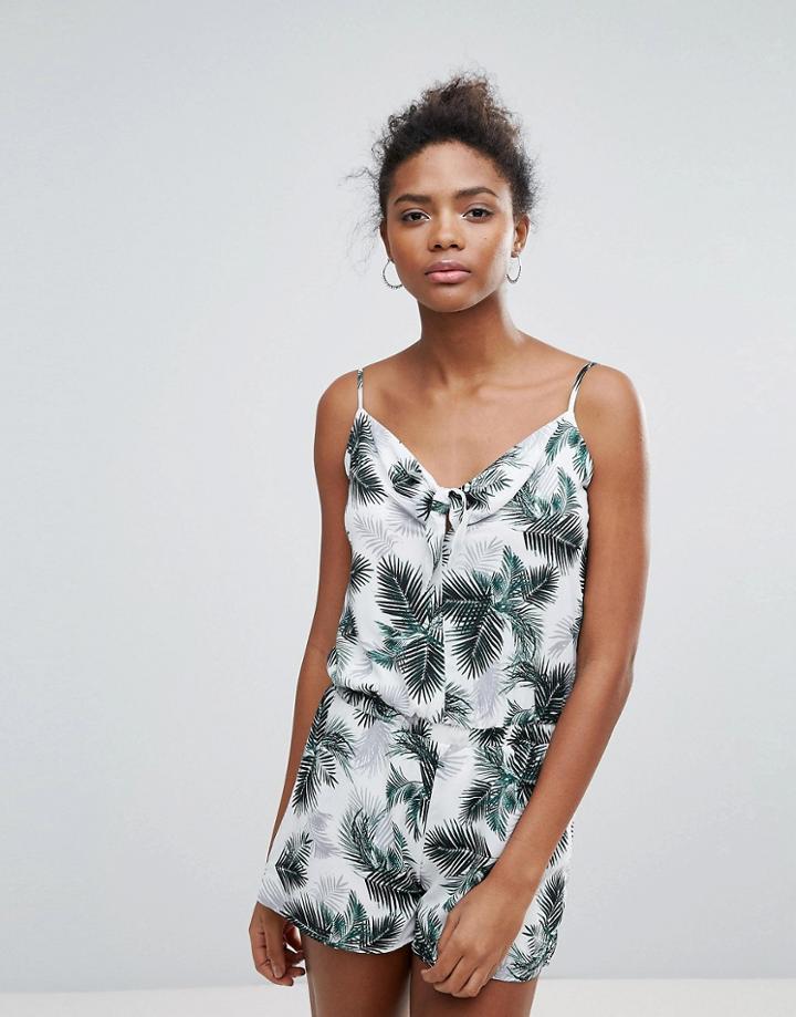 Crescent Palm Print Front Tie Romper - Green
