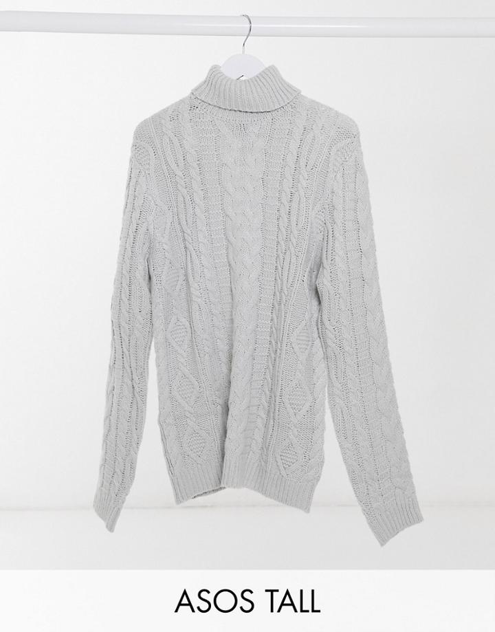 Asos Design Tall Heavyweight Cable Knit Turtle Neck Sweater In Light Gray-grey