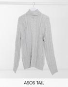 Asos Design Tall Heavyweight Cable Knit Turtle Neck Sweater In Light Gray-grey