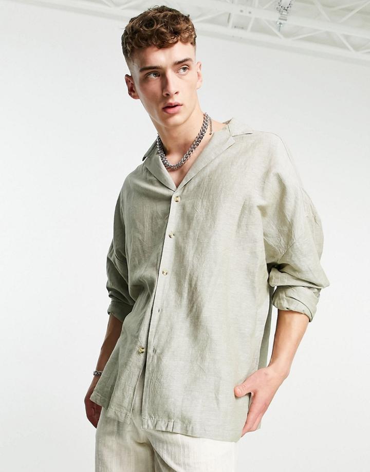 Asos Design Drop Shoulder Oversized Linen Shirt With Revere Collar In Green