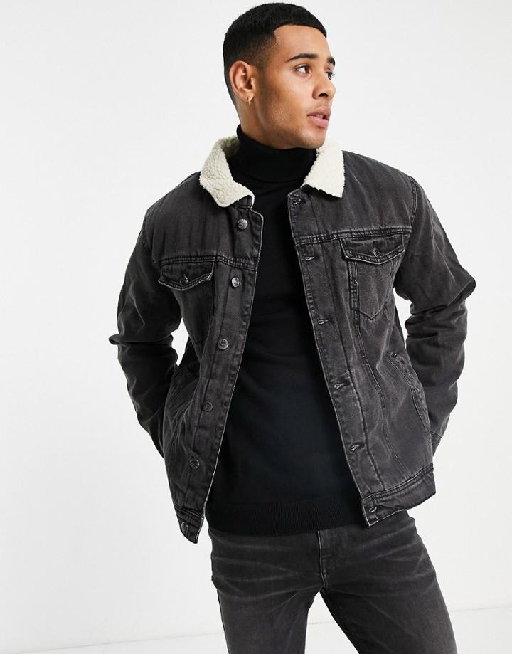 Threadbare Denim Jacket With Sherpa Lining And Collar In Black