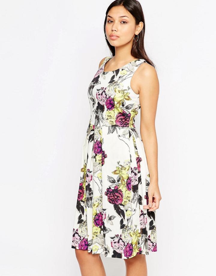 Closet V-neck Midi Dress In Floral Print - Cream