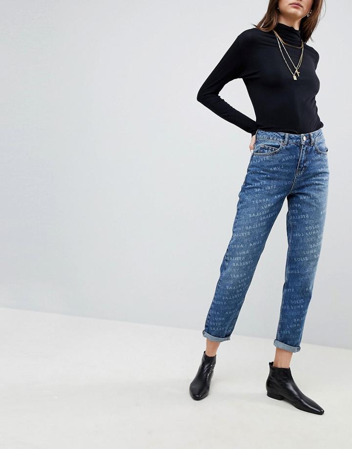 Asos Original Mom Jeans In Authentic Mid Wash With Washed Logo Print - Blue