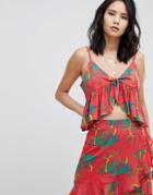 Honey Punch Tie Front Camitop In Tropical Print Two-piece - Red