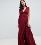 Asos Design Maternity Lace Insert Pleated Maxi Dress-red