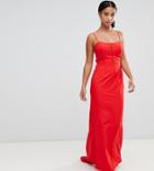 Jarlo Petite Cami Strap Fishtail Maxi Dress With Lace Insert In Red - Red