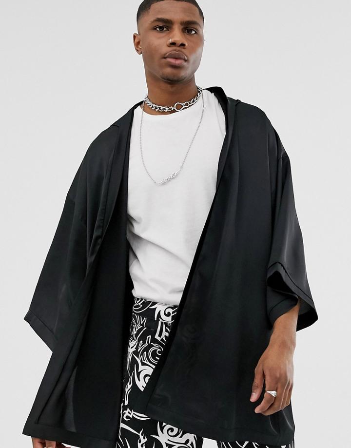 Asos Design Black Satin Kimono With Hood - Black