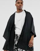 Asos Design Black Satin Kimono With Hood - Black