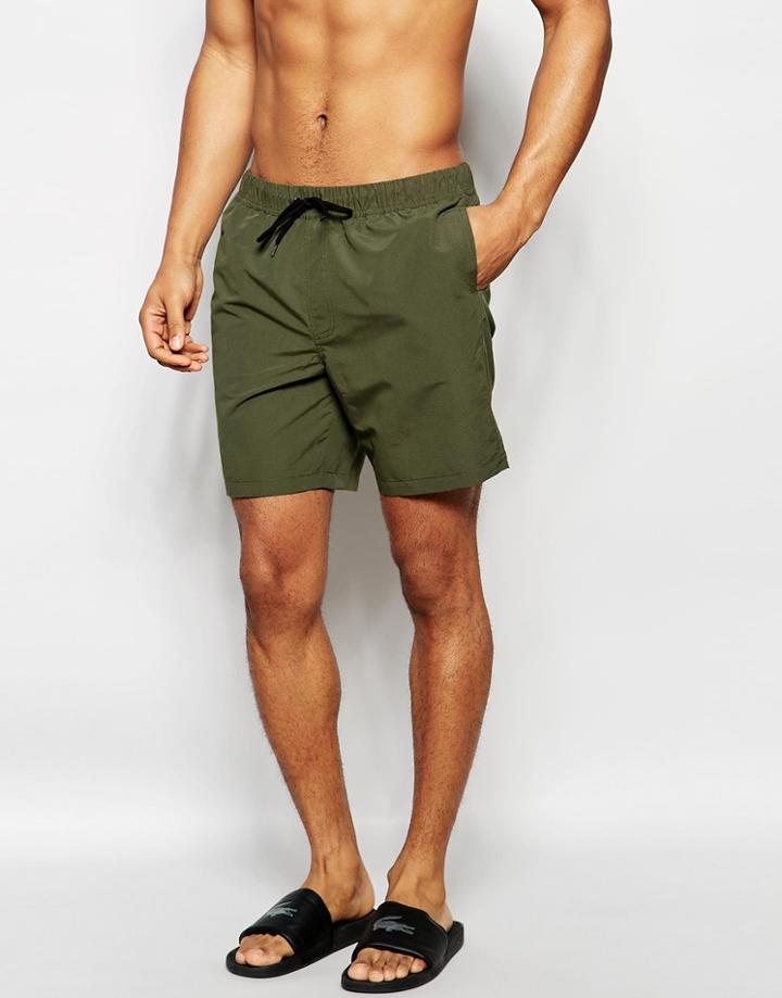 Asos Mid Length Swim Shorts In Khaki - Khaki