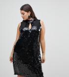 Lost Ink Plus High Neck Swing Dress In Sequin - Black