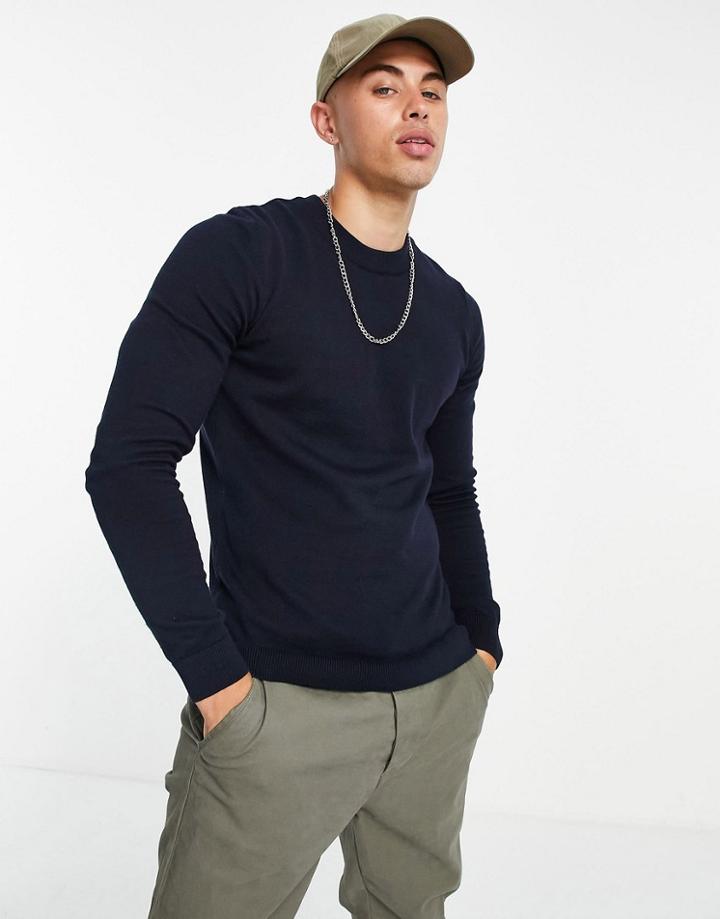 New Look Muscle Fit Knitted Sweater In Navy