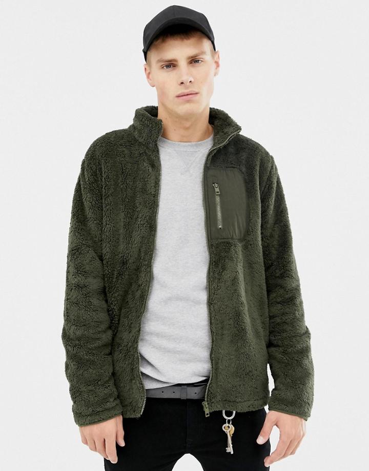 Brave Soul Borg Pocket Zip Through Sweatshirt - Green