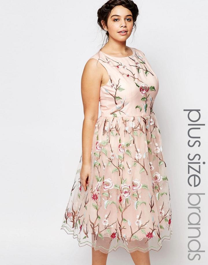 Chi Chi London Plus Allover Premium Embroidered Midi Prom Skater Dress - Multi