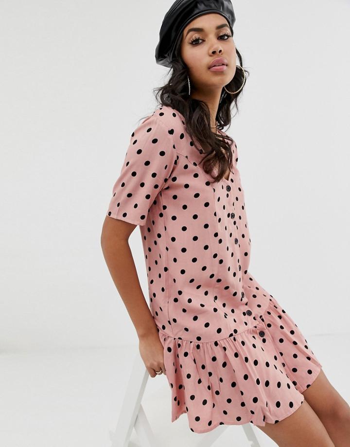 Motel Crop Hem Mini Dress In Polka-beige