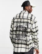 Asos Design Death Row Records 90s Oversized Beige Plaid Shirt With Back Print-neutral