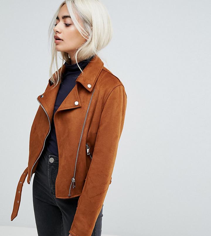 New Look Petite Suedette Biker Jacket - Tan