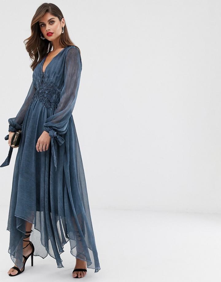 Asos Design Soft Midi Dress With Embroidered Waist Detail In Washed Chiffon-blue