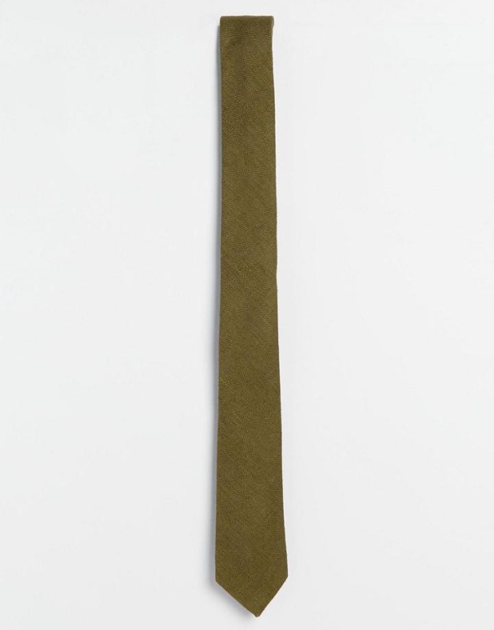Asos Slim Tie With Linen Texture In Khaki - Khaki