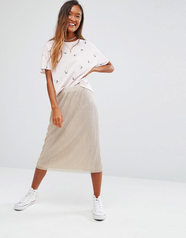 Pull & Bear Metallic Plisse Midi Skirt - Gold
