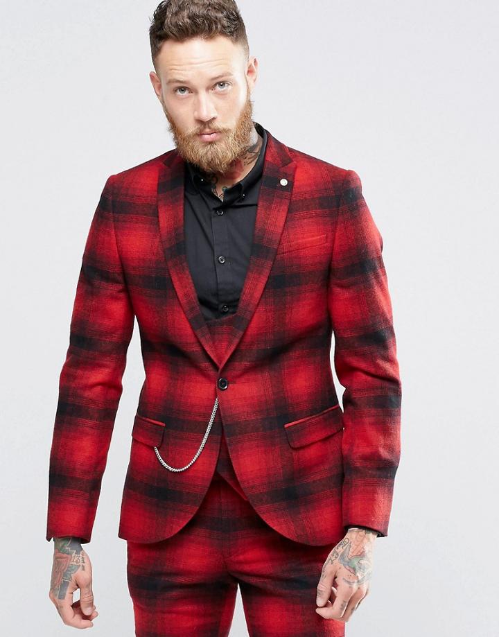 Noose & Monkey Skinny Suit Jacket In Ombre Check With Chain - Red