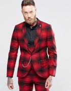 Noose & Monkey Skinny Suit Jacket In Ombre Check With Chain - Red