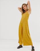 Asos Design Minimal Jumpsuit With Tie Back In Linen Look In Yellow Ditsy Print-multi