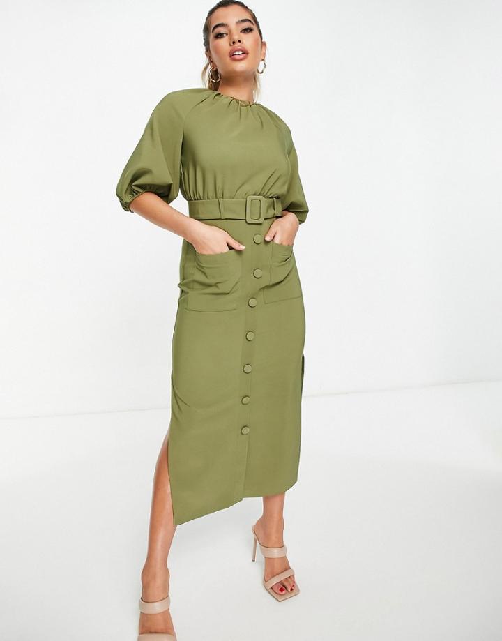 Asos Design Puff Sleeve Button Through Belted Midi Dress In Khaki-green