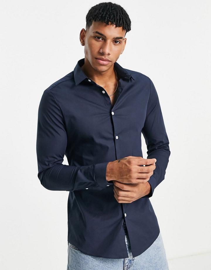 Asos Design Skinny Fit Shirt In Navy