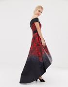 Chi Chi London Satin Midi Dress With Extreme High Low In Dark Rose Print - Multi