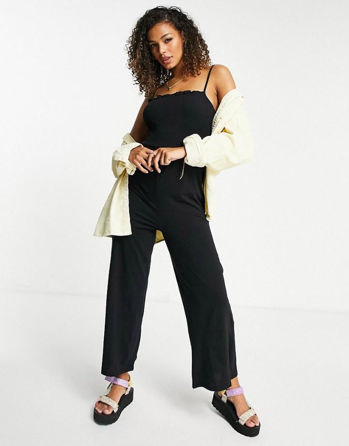 Pieces Shirred Wide Leg Jersey Jumpsuit In Black