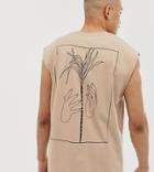 Asos Design Tall Oversized Tank With Back Hand And Palm Tree Print-beige