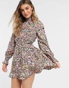 Influence High Neck Mini Dress With Tie Waist In Floral Print-multi