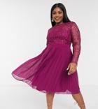 Chi Chi London Plus Lace Top Pleated Skirt Midi Dress In Berry Pink