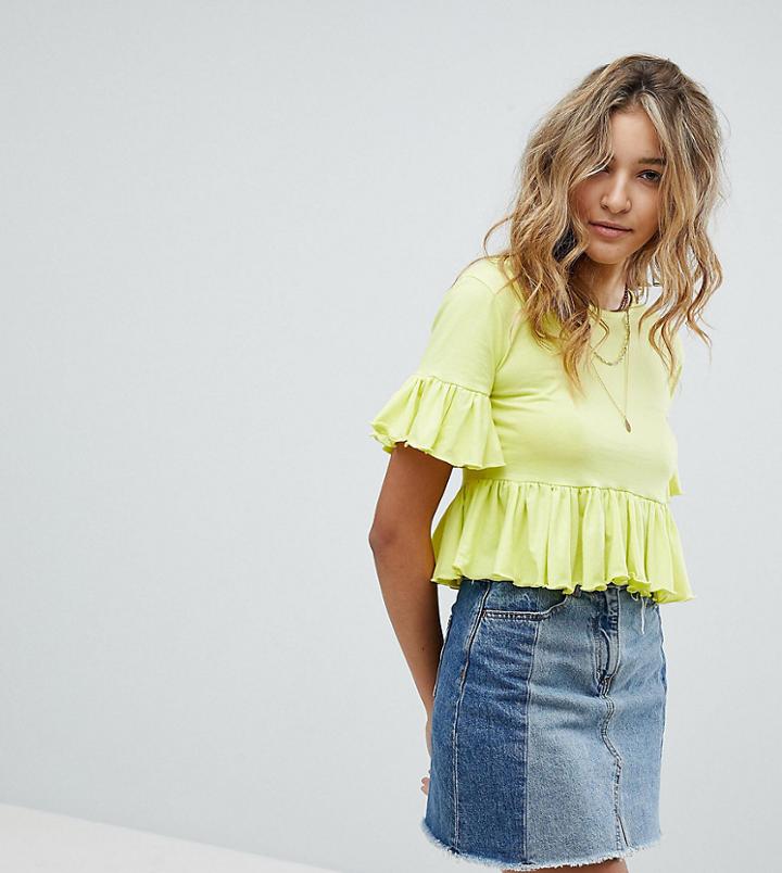 Prettylittlething Cropped Ruffle T-shirt - Yellow