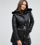 Koko Plus Longline Padded Coat With Belt And Faux Fur Collar - Black