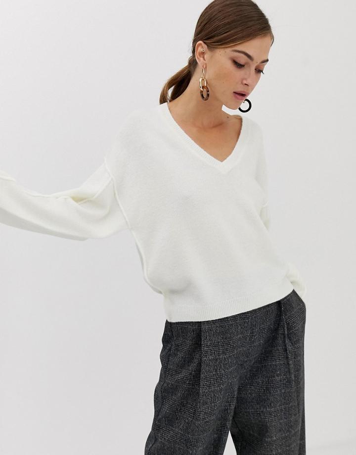Asos Design Fluffy Sweater With V Neck-cream