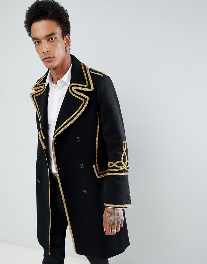Gianni Feraud Premium Gold Brocade Wool Blend Overcoat-black