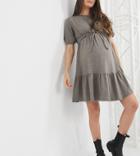 Asos Design Maternity Super Soft Short Sleeve Tiered Ruched Waist Mini Sweater Dress In Mushroom-neutral