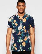 Asos Floral Shirt With Revere Collar In Short Sleeve - Navy