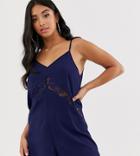 Outrageous Fortune Petite Lace Insert Romper In Navy - Navy